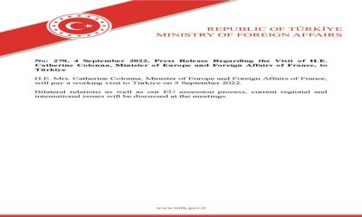 Press Release Regarding the Visit of H.E. Catherine Colonna, Minister of Europe and Foreign Affairs of France, to Türkiye