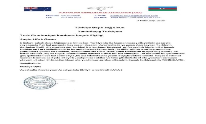 Avstraliyadakı icmamız Türkiyənin Kanberradakı səfirliyinə başsağlığı məktubu ünvanlayıb